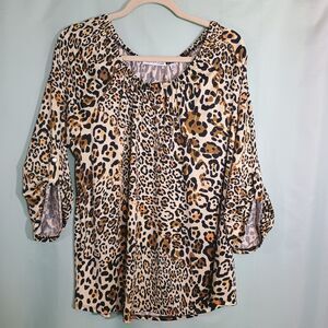 Leopard Print Blouse Women Animal Print Top 3/4 Sleeve Roll Tab Flowy Top